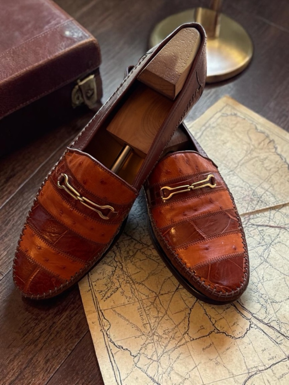 Genuine Alligator/Ostrich Leather Horse Bit Loafers- Cognac and Brown